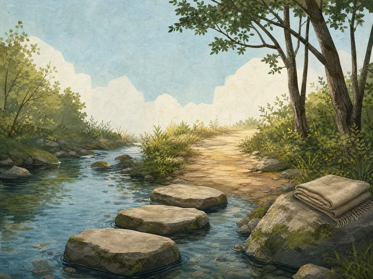支持行动资源中用于低负担恢复路径的溪流和踏石抽象插画